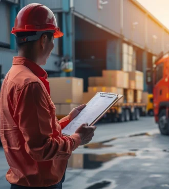 field-supervisor-reviews-shipping-fleet-regulation-checklist-warehouse-with-logistics-trucks-background-ensuring-all-operations-adhere-compliance-standards